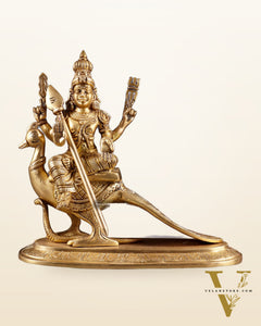 Pure Brass Lord Murugan (Kartikeya) Seated on Peacock Idol 8"