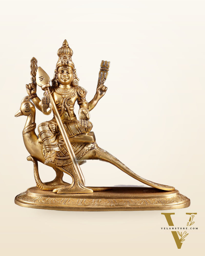 Pure Brass Lord Murugan (Kartikeya) Seated on Peacock Idol 8"