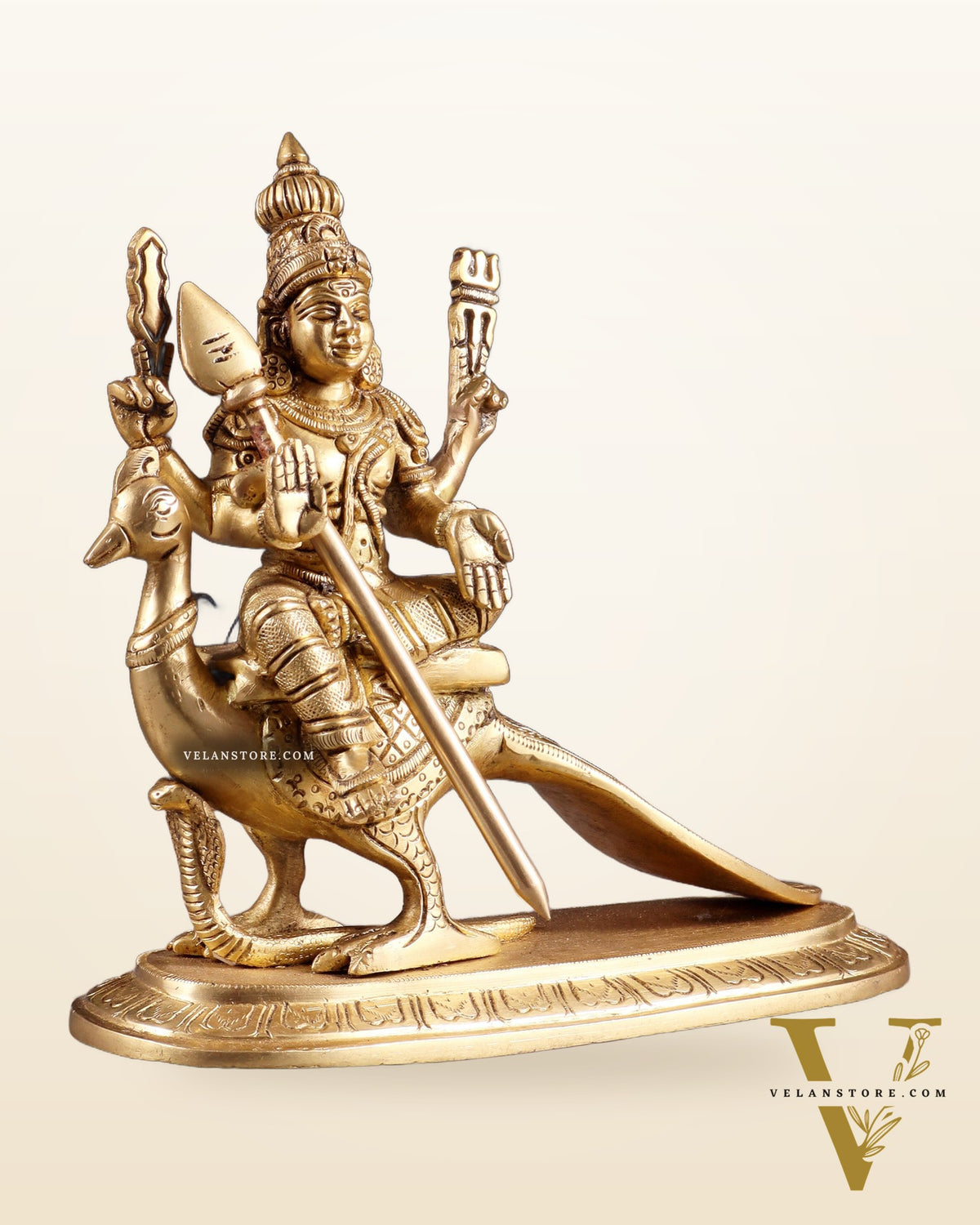 Pure Brass Lord Murugan (Kartikeya) Seated on Peacock Idol 8"