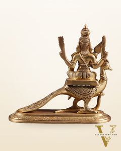 Pure Brass Lord Murugan (Kartikeya) Seated on Peacock Idol 8"