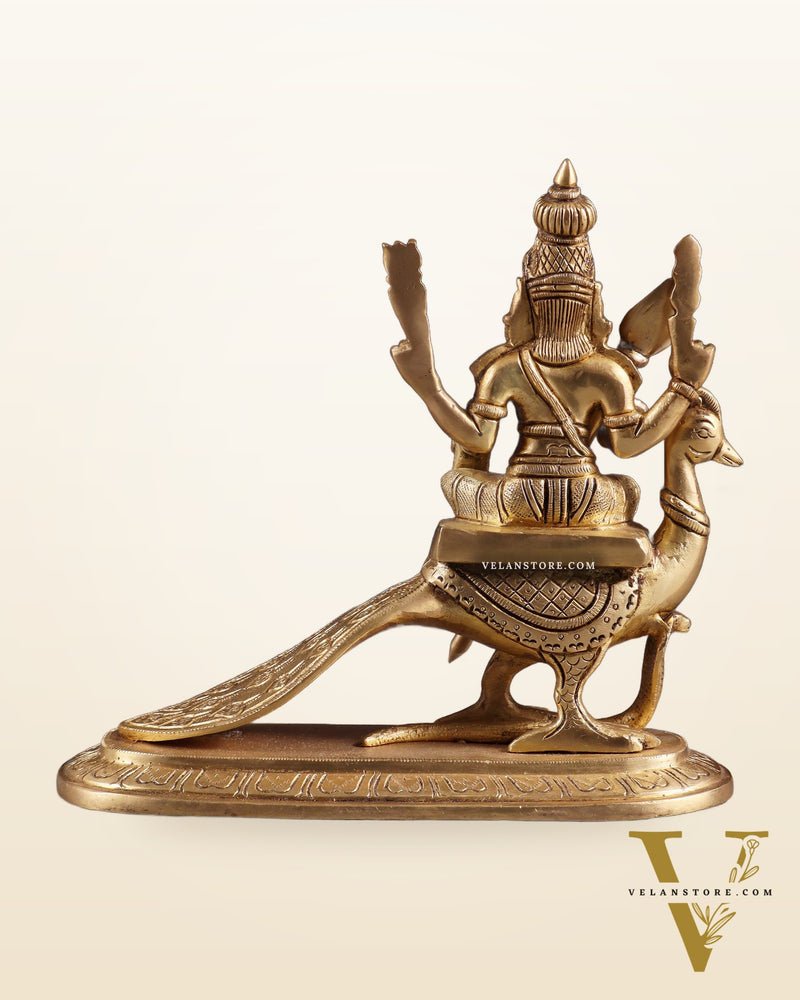 Pure Brass Lord Murugan (Kartikeya) Seated on Peacock Idol 8"