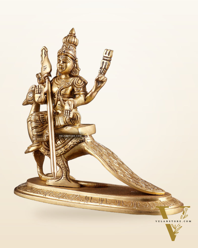Pure Brass Lord Murugan (Kartikeya) Seated on Peacock Idol 8"