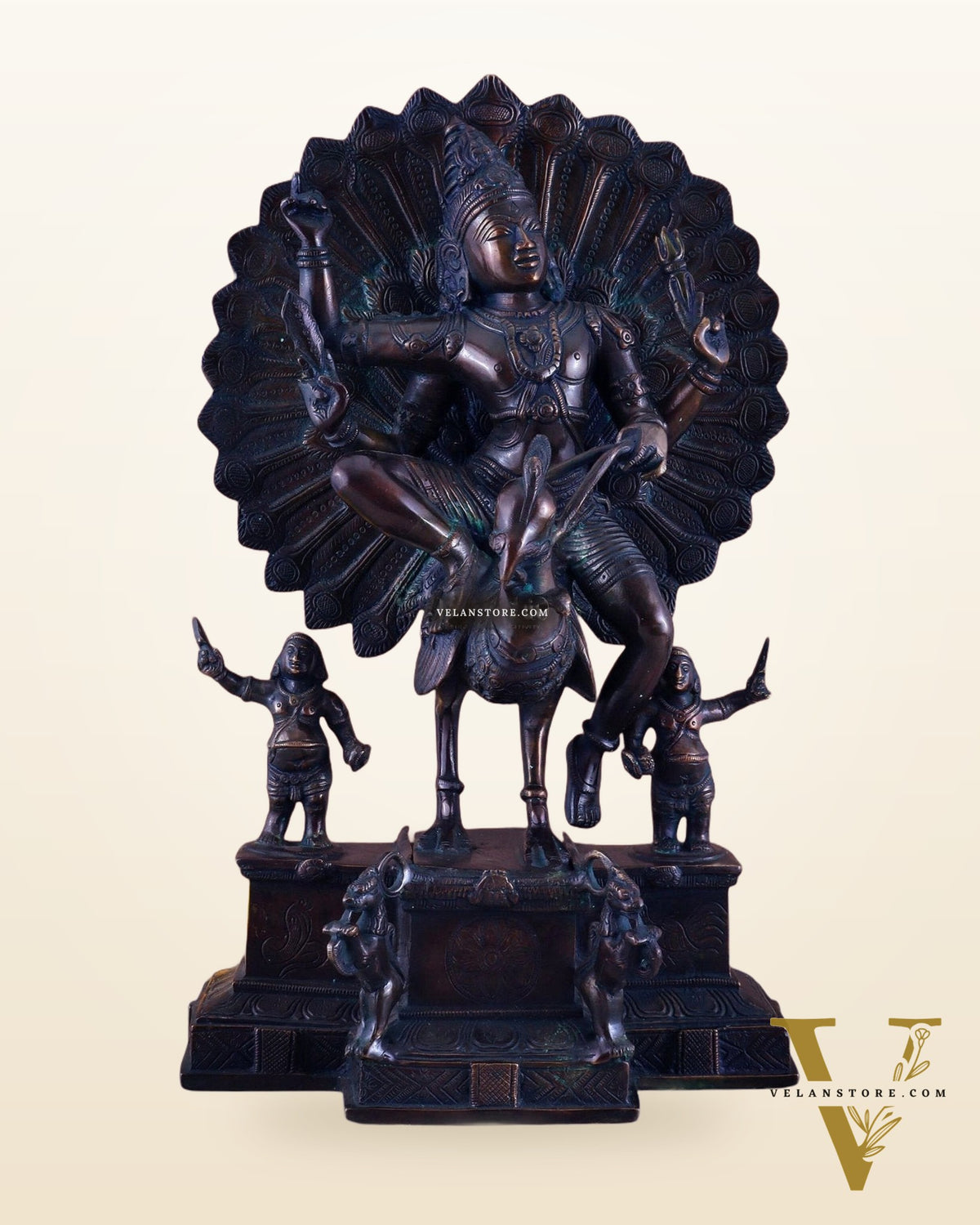 Pure Brass Lord Murugan Sitting on a Peacock Sculpture | Antique Bronze Tone 17"