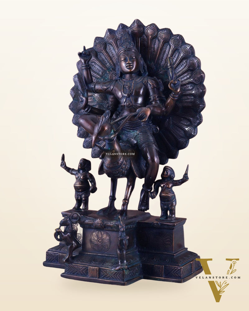 Pure Brass Lord Murugan Sitting on a Peacock Sculpture | Antique Bronze Tone 17"