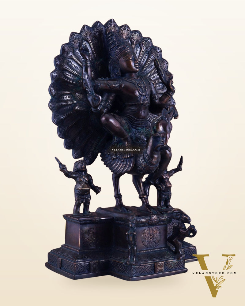 Pure Brass Lord Murugan Sitting on a Peacock Sculpture | Antique Bronze Tone 17"