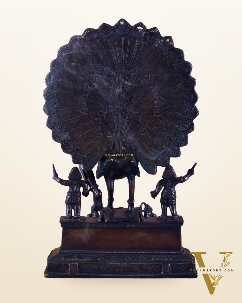 Pure Brass Lord Murugan Sitting on a Peacock Sculpture | Antique Bronze Tone 17"