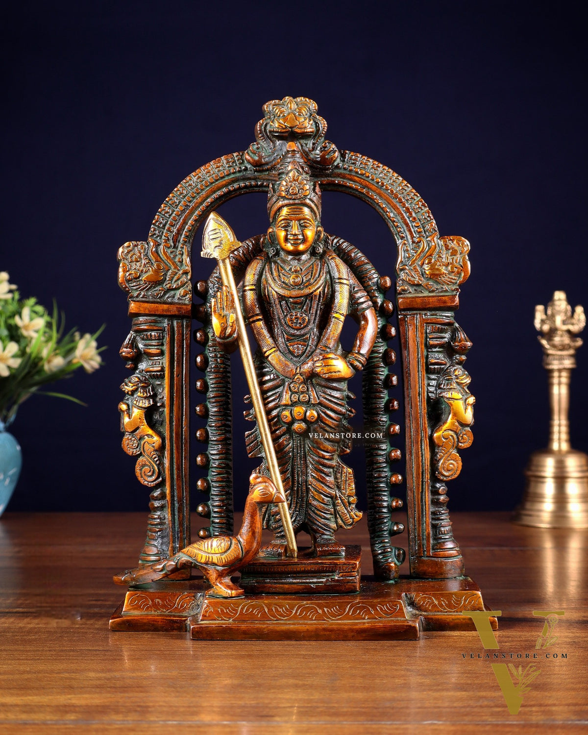 Pure Brass Lord Murugan Swamy statue 9" double chola tone