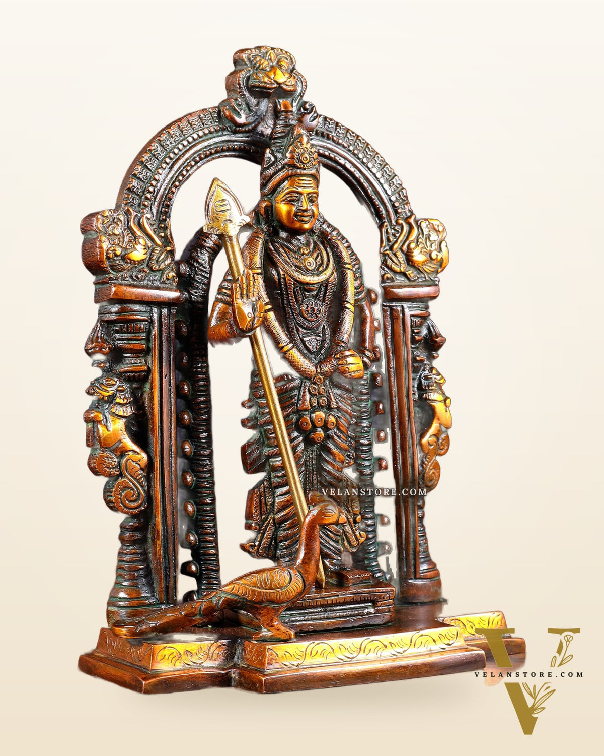 Pure Brass Lord Murugan Swamy statue 9" double chola tone