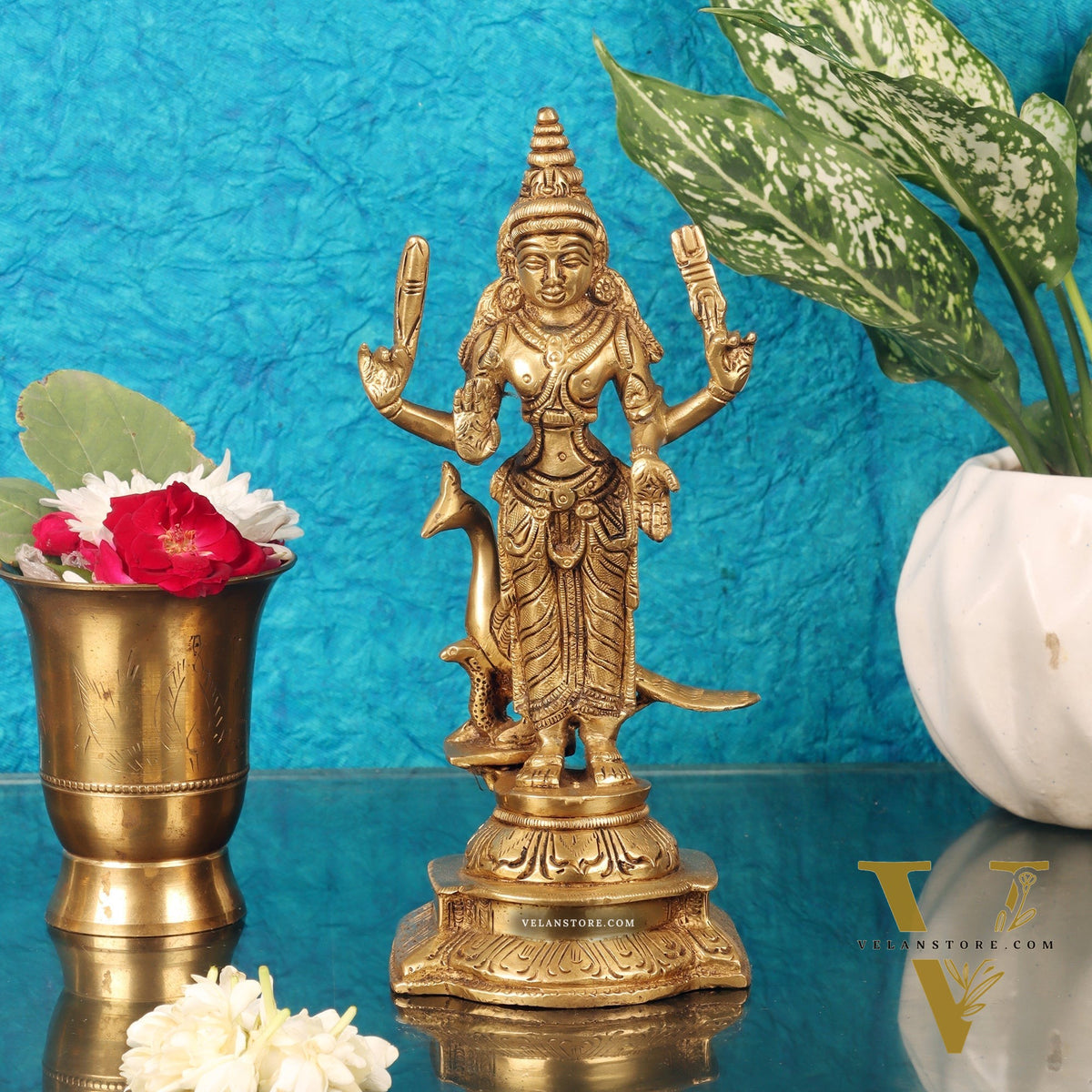 Pure Brass Lord Murugan with Peacock 8.5"