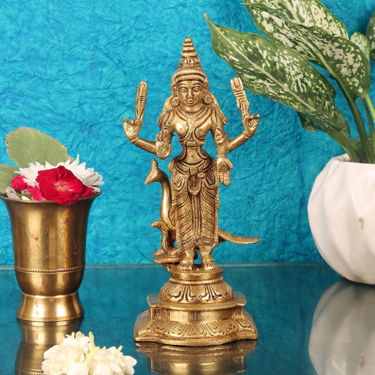 Pure Brass Lord Murugan with Peacock 8.5"