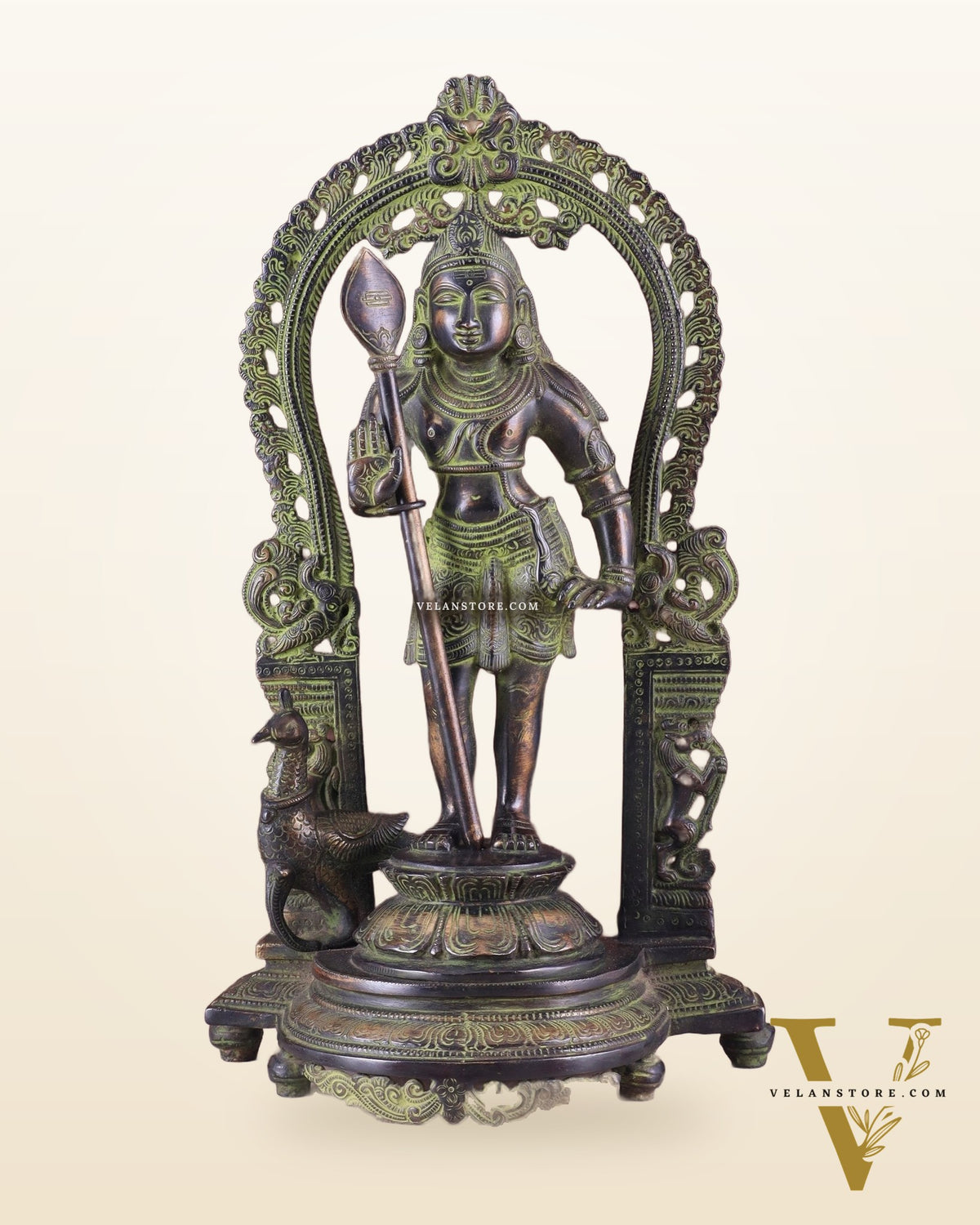Pure Brass Lord Murugan with Prabhavali – Unique Mukunda Kartikeya Statue 14.5"