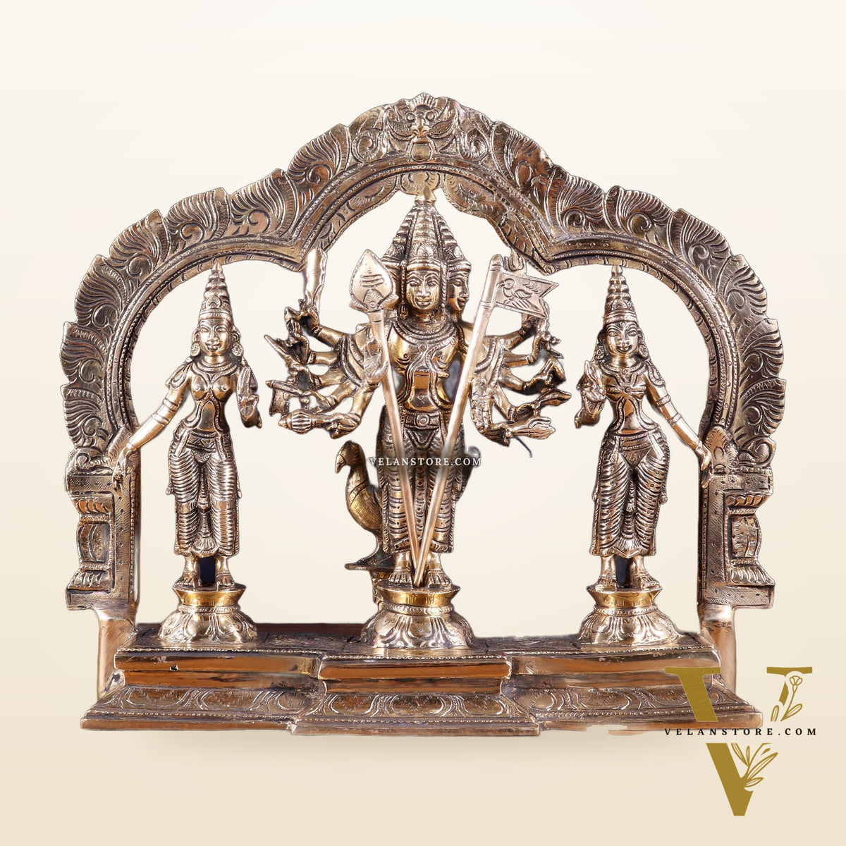 Pure Brass Lord Murugan with Valli & Devasena Idol | Intricately Crafted Shan Murugan Statue 12 inch