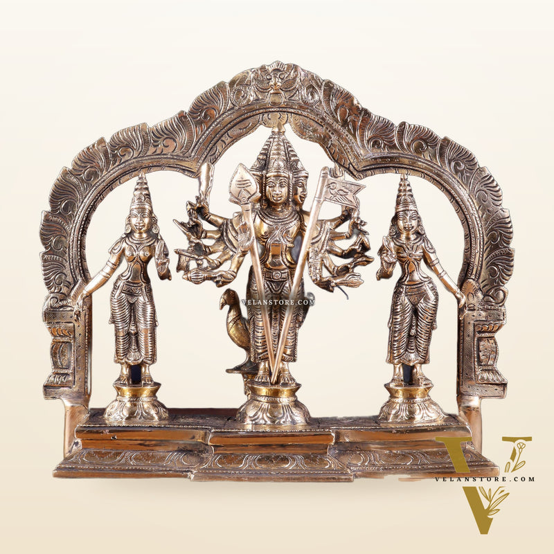 Pure Brass Lord Murugan with Valli & Devasena Idol | Intricately Crafted Shan Murugan Statue 12 inch