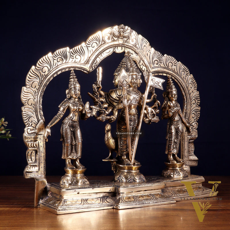Pure Brass Lord Murugan with Valli & Devasena Idol | Intricately Crafted Shan Murugan Statue 12 inch