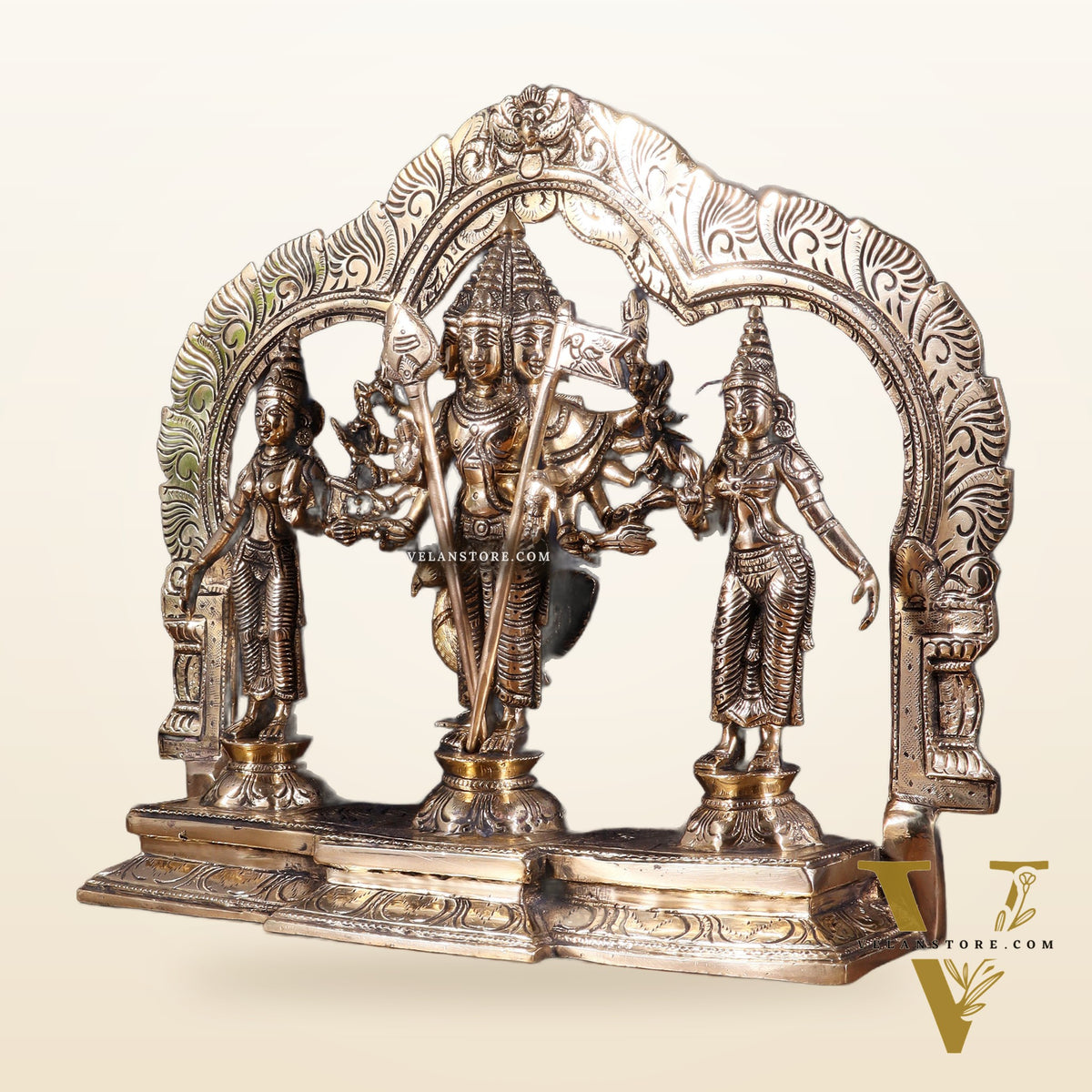 Pure Brass Lord Murugan with Valli & Devasena Idol | Intricately Crafted Shan Murugan Statue 12 inch