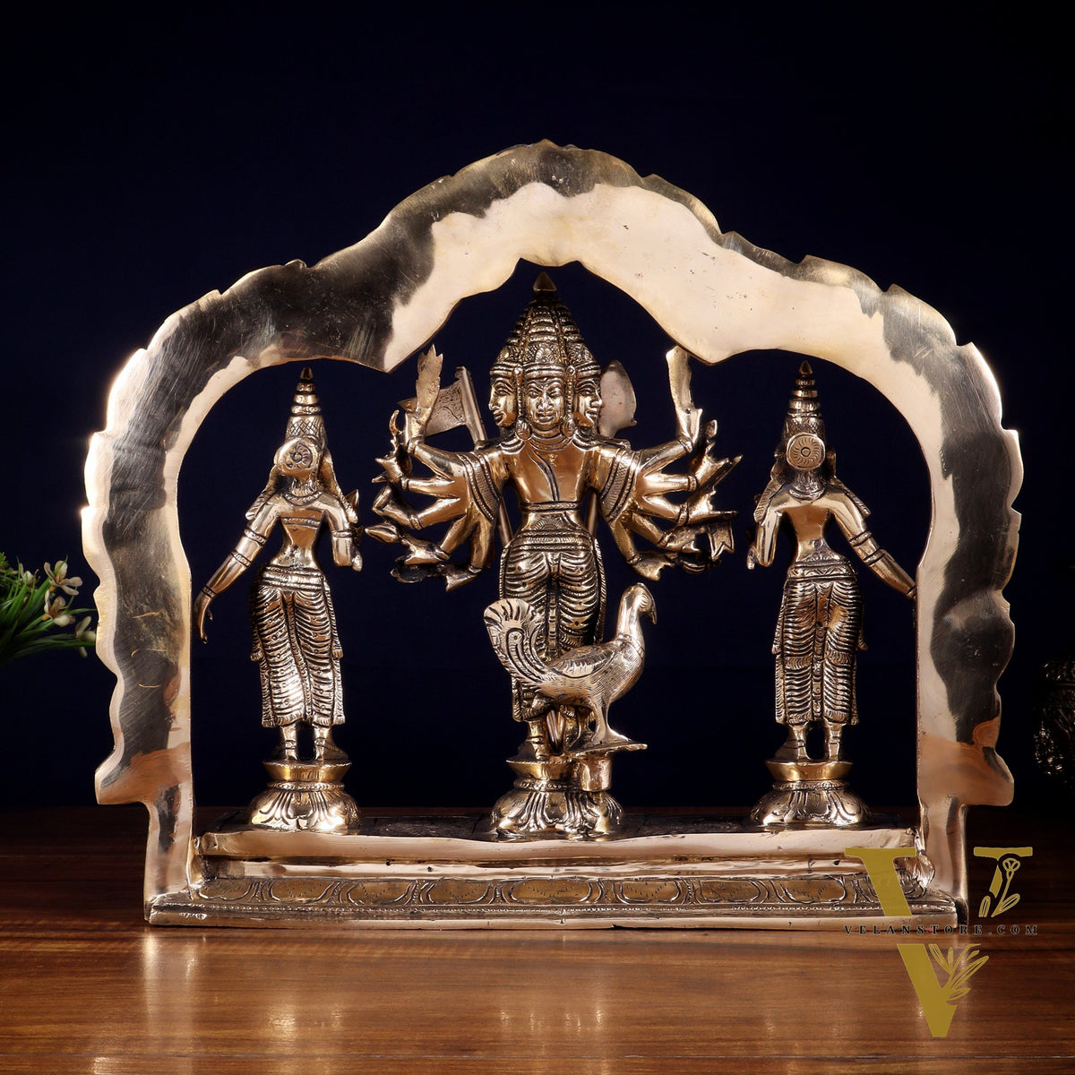 Pure Brass Lord Murugan with Valli & Devasena Idol | Intricately Crafted Shan Murugan Statue 12 inch