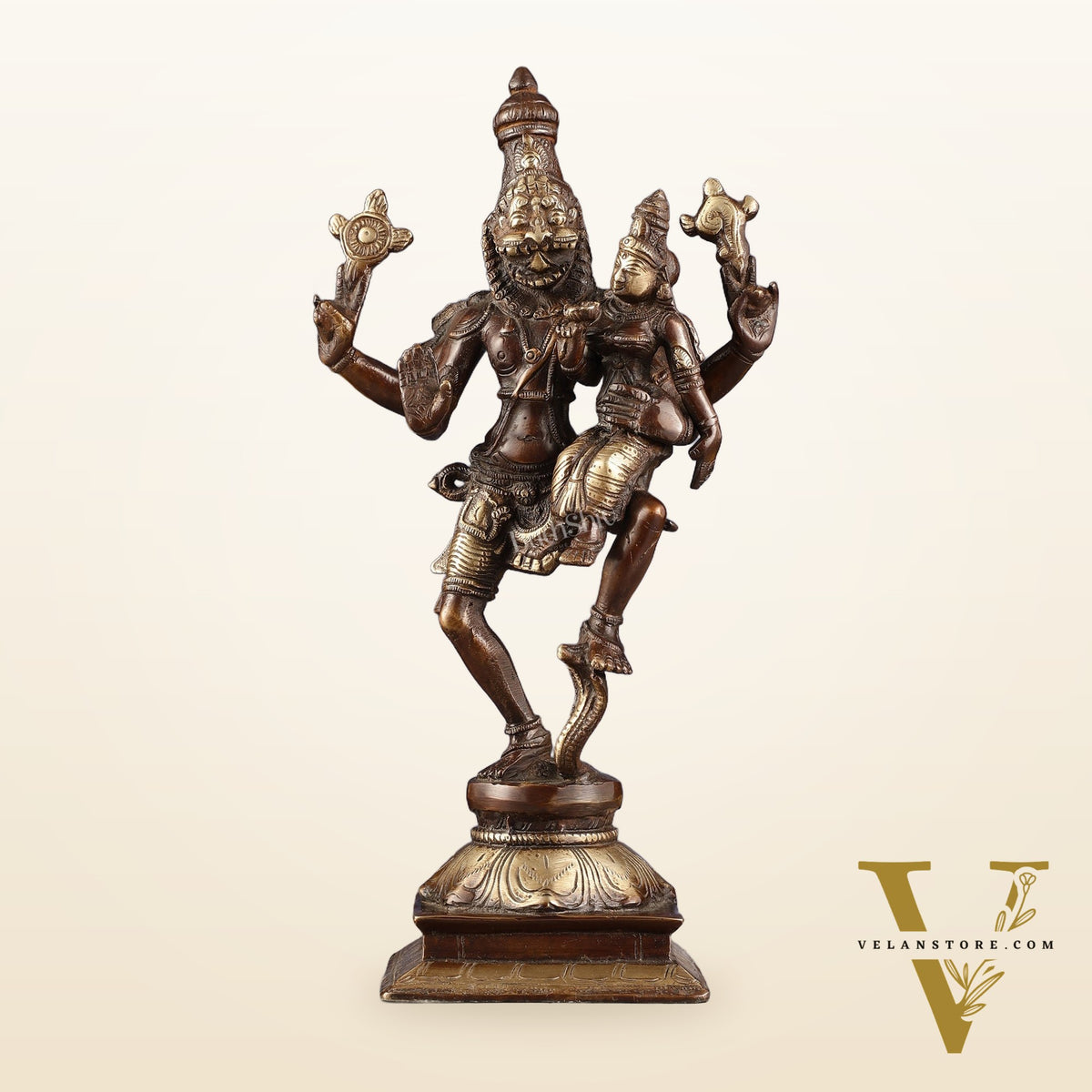 Pure Brass Lord Narsimha with Devi Lakshmi Idol - 12" Chola wash