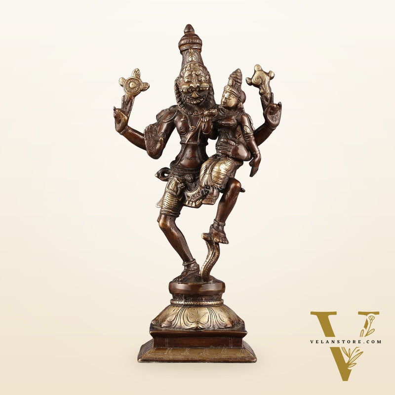 Pure Brass Lord Narsimha with Devi Lakshmi Idol - 12" Chola wash