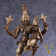 Pure Brass Lord Narsimha with Devi Lakshmi Idol - 12" Chola wash
