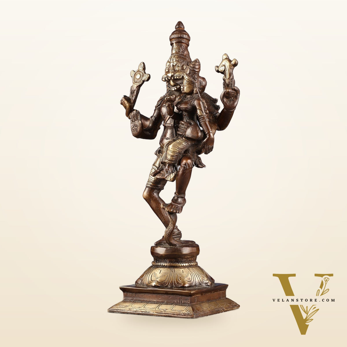Pure Brass Lord Narsimha with Devi Lakshmi Idol - 12" Chola wash