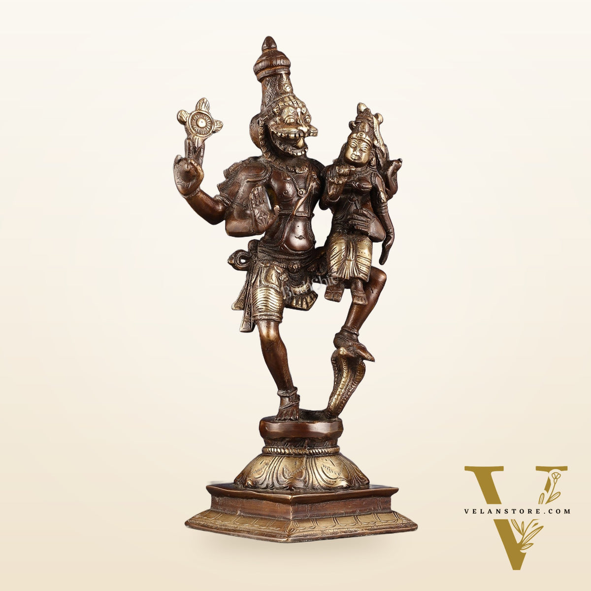 Pure Brass Lord Narsimha with Devi Lakshmi Idol - 12" Chola wash