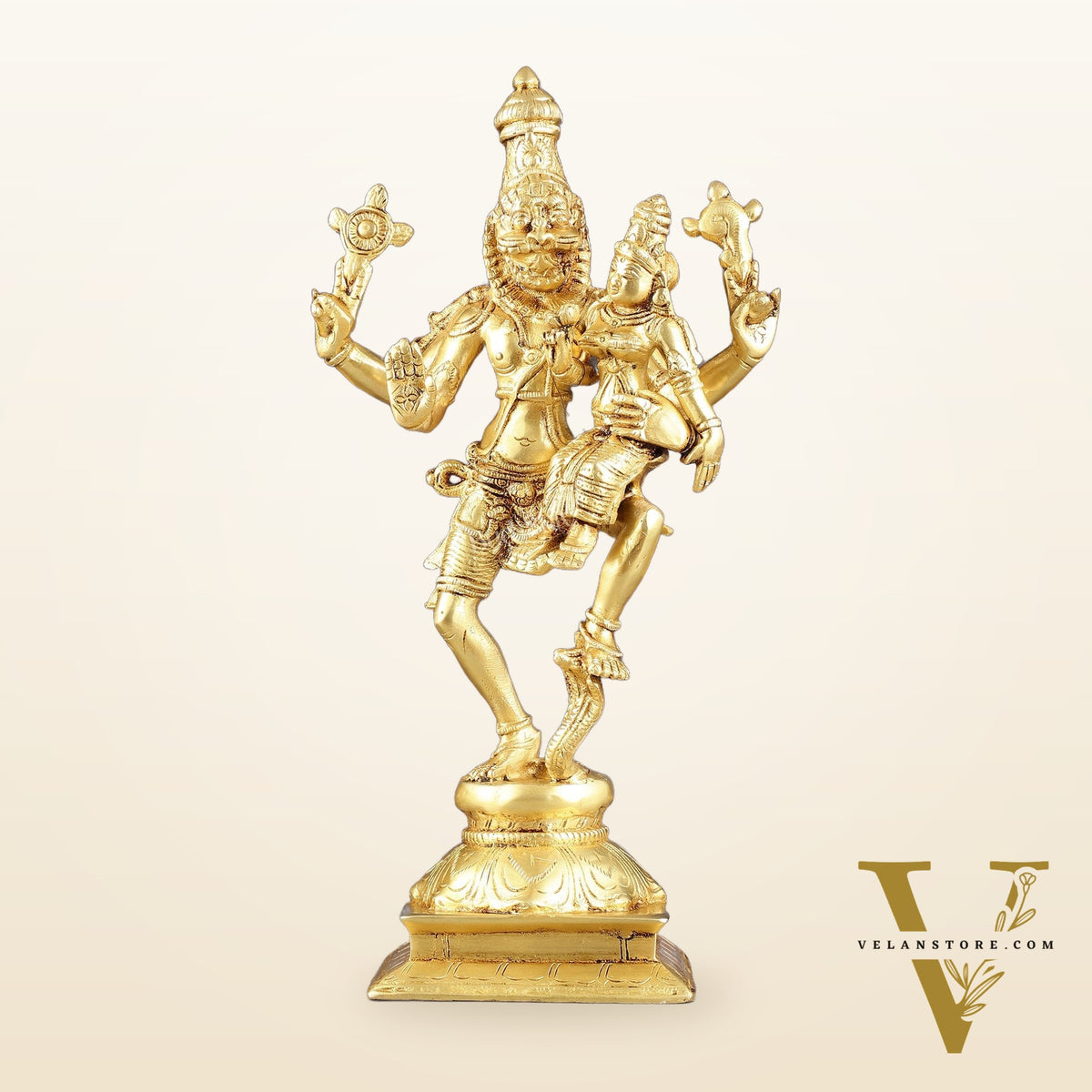 Pure Brass Lord Narsimha with Devi Lakshmi Idol - 12"
