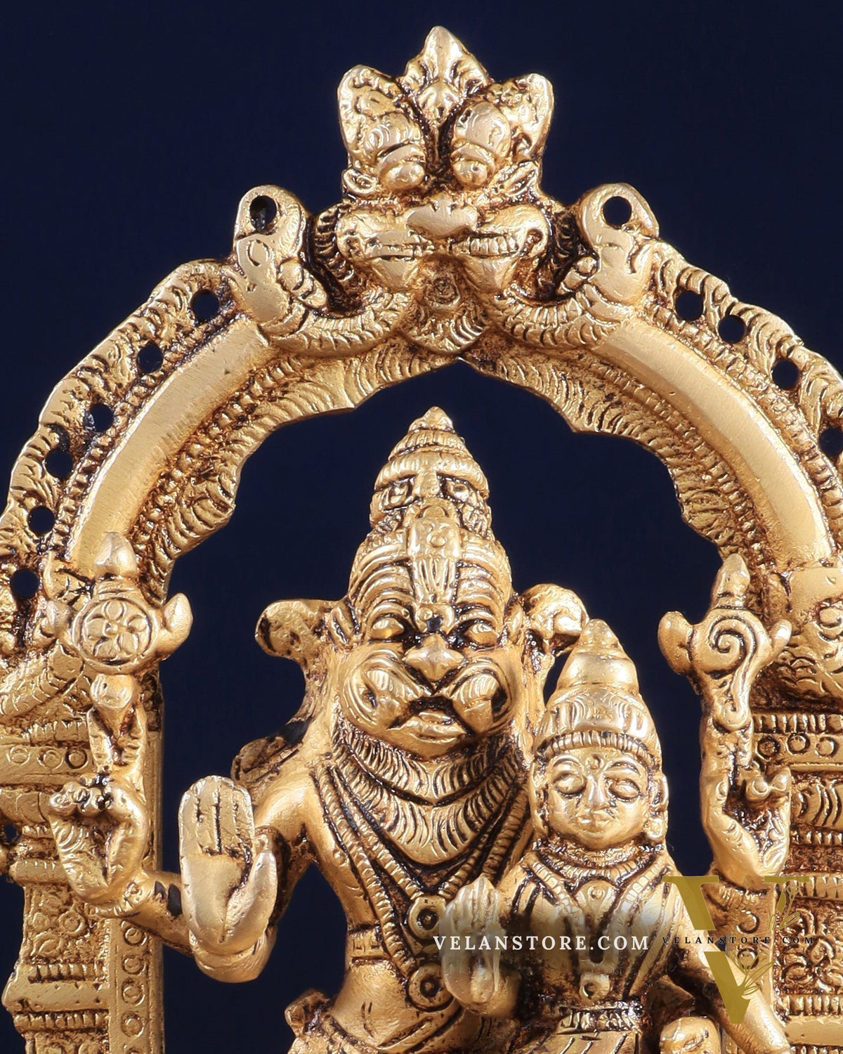 Pure Brass Lord Narsimha with Goddess Lakshmi – 7.8" x 2.7" x 5.1" | Divine Protection & Prosperity