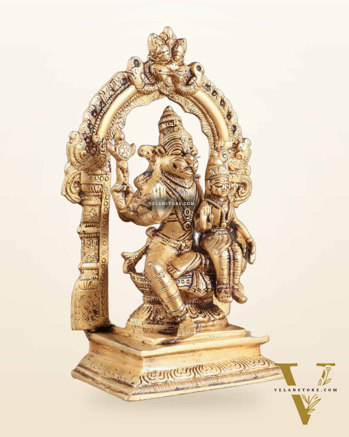 Pure Brass Lord Narsimha with Goddess Lakshmi – 7.8" x 2.7" x 5.1" | Divine Protection & Prosperity