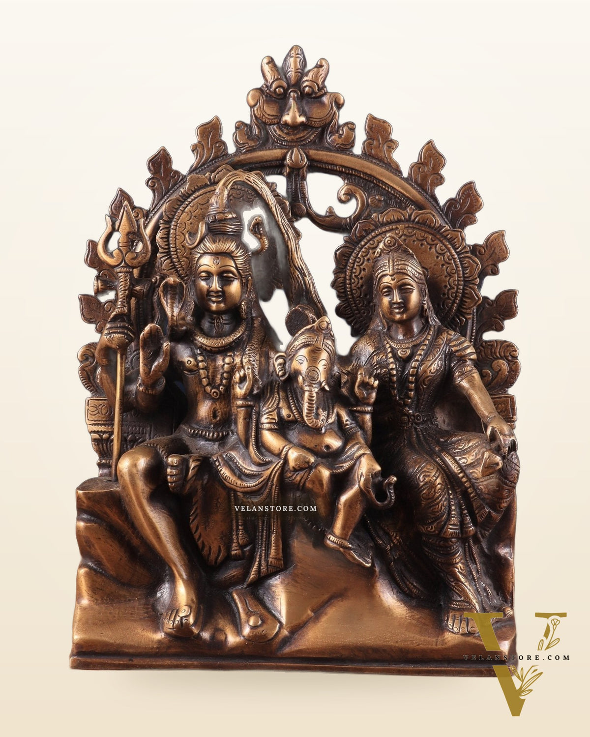 Pure Brass Lord Shiv Parvati with Ganesha Idol and Prabhavali 10.7 inch antique tone