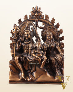 Pure Brass Lord Shiv Parvati with Ganesha Idol and Prabhavali 10.7 inch antique tone