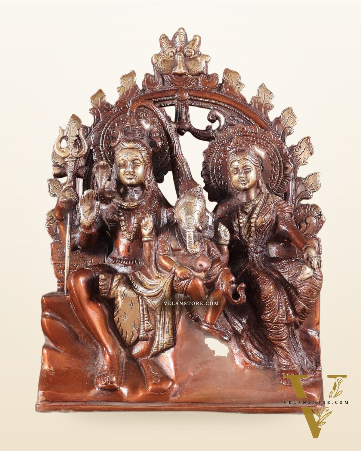 Pure Brass Lord Shiv Parvati with Ganesha Idol and Prabhavali 10.7 inch double chola