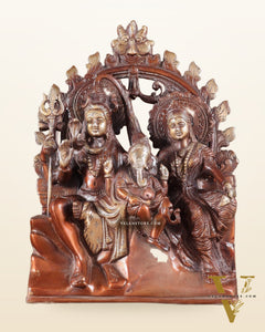 Pure Brass Lord Shiv Parvati with Ganesha Idol and Prabhavali 10.7 inch double chola
