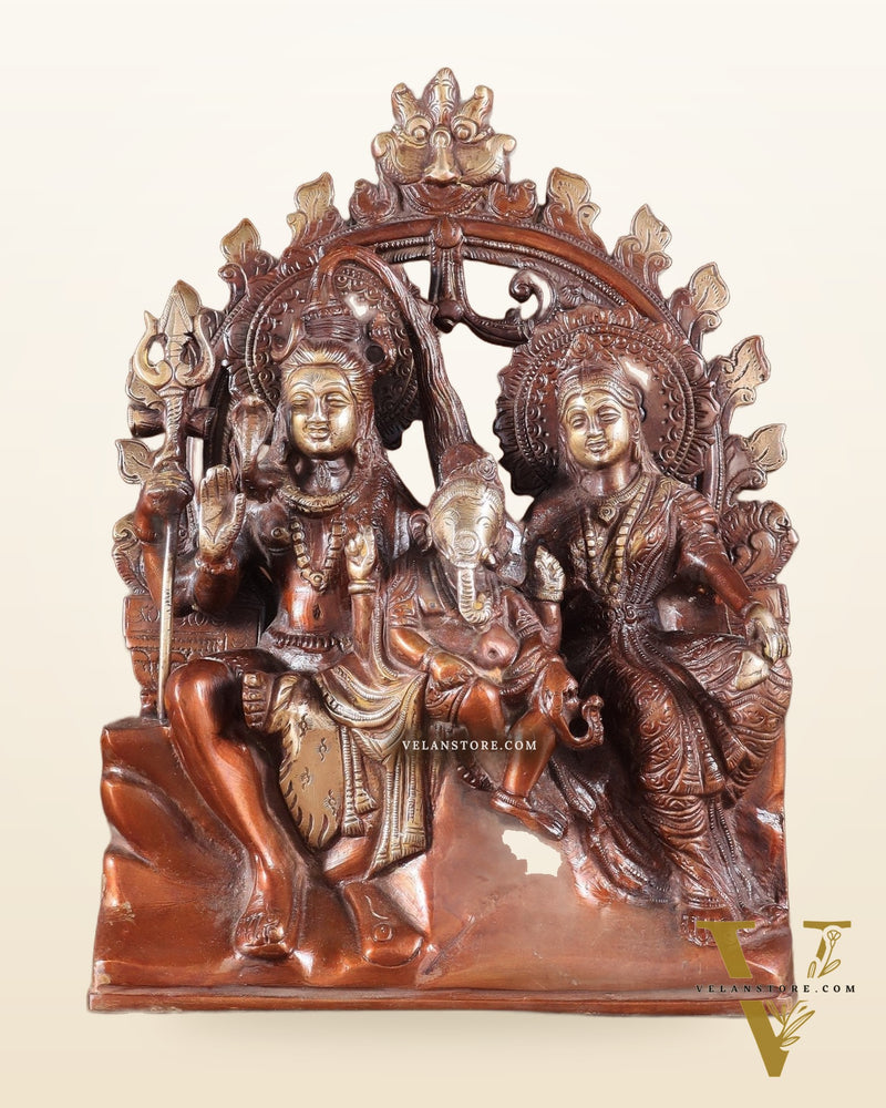Pure Brass Lord Shiv Parvati with Ganesha Idol and Prabhavali 10.7 inch double chola
