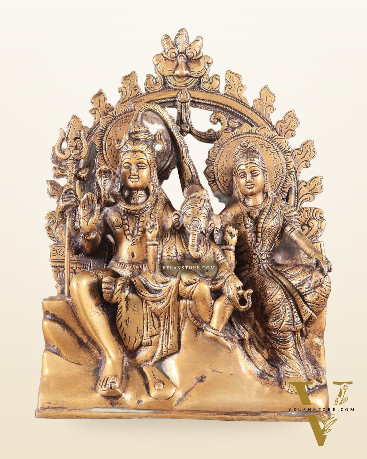 Pure Brass Lord Shiv Parvati with Ganesha Idol and Prabhavali 10.7 inch