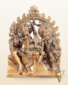 Pure Brass Lord Shiv Parvati with Ganesha Idol and Prabhavali 10.7 inch
