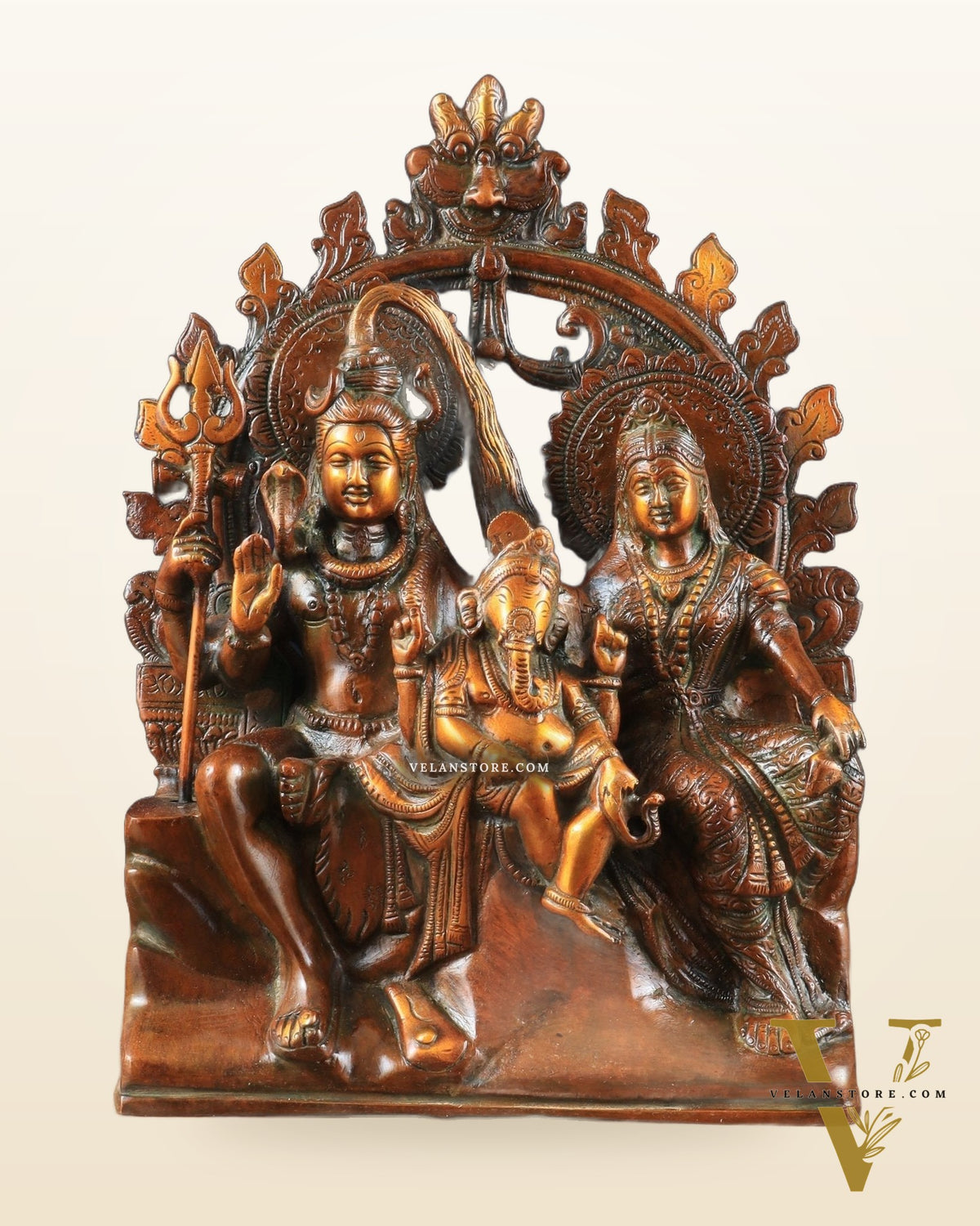 Pure Brass Lord Shiv Parvati with Ganesha Idol and Prabhavali 10.7 inch brown gold