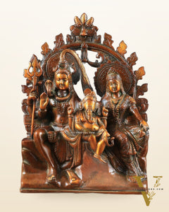Pure Brass Lord Shiv Parvati with Ganesha Idol and Prabhavali 10.7 inch brown gold