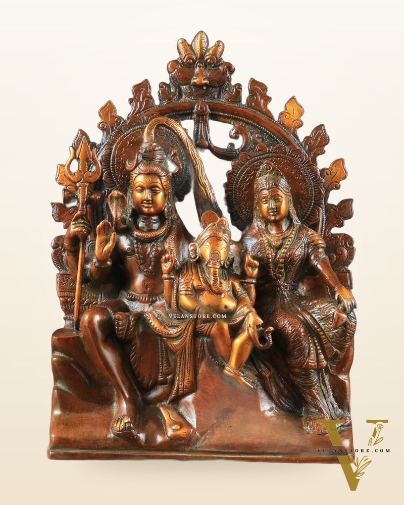 Pure Brass Lord Shiv Parvati with Ganesha Idol and Prabhavali 10.7 inch brown gold