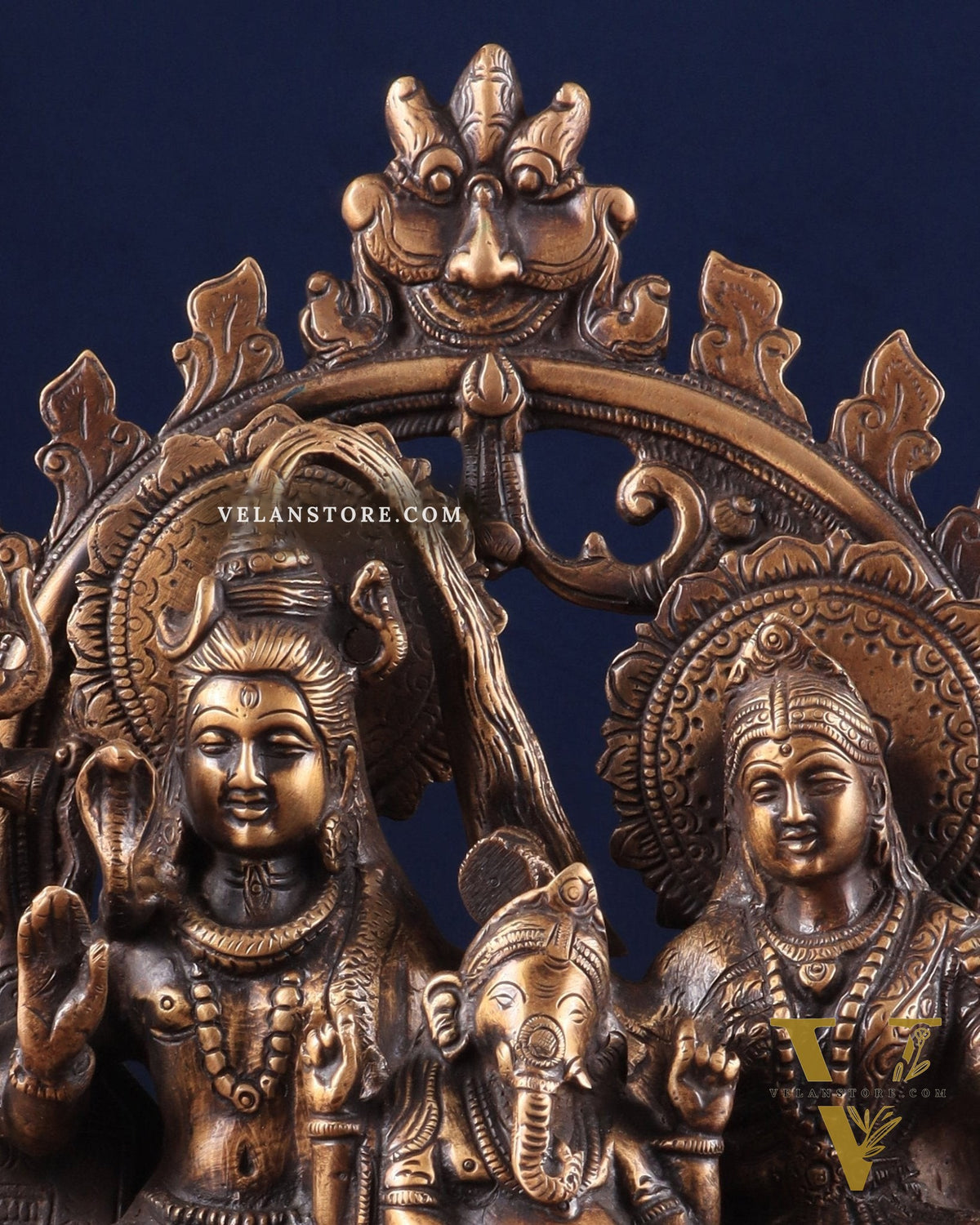 Pure Brass Lord Shiv Parvati with Ganesha Idol and Prabhavali 10.7 inch antique tone
