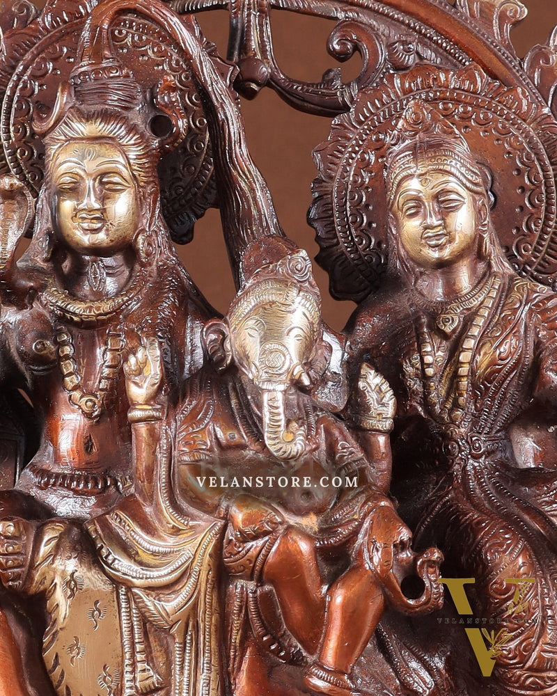 Pure Brass Lord Shiv Parvati with Ganesha Idol and Prabhavali 10.7 inch double chola