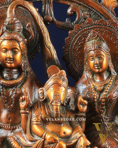 Pure Brass Lord Shiv Parvati with Ganesha Idol and Prabhavali 10.7 inch brown gold