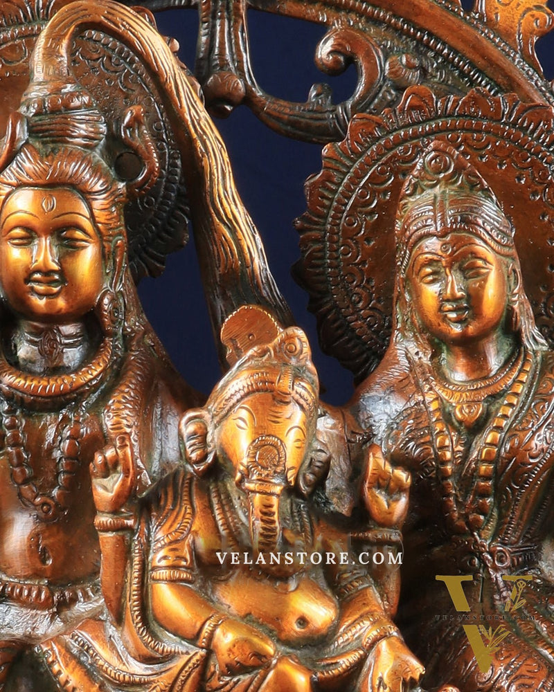 Pure Brass Lord Shiv Parvati with Ganesha Idol and Prabhavali 10.7 inch brown gold