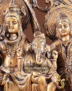 Pure Brass Lord Shiv Parvati with Ganesha Idol and Prabhavali 10.7 inch