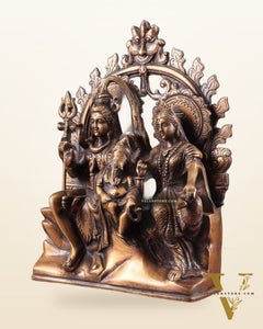 Pure Brass Lord Shiv Parvati with Ganesha Idol and Prabhavali 10.7 inch antique tone