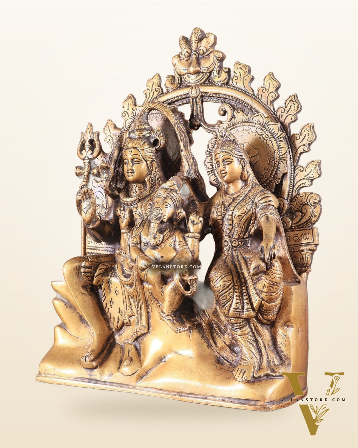 Pure Brass Lord Shiv Parvati with Ganesha Idol and Prabhavali 10.7 inch