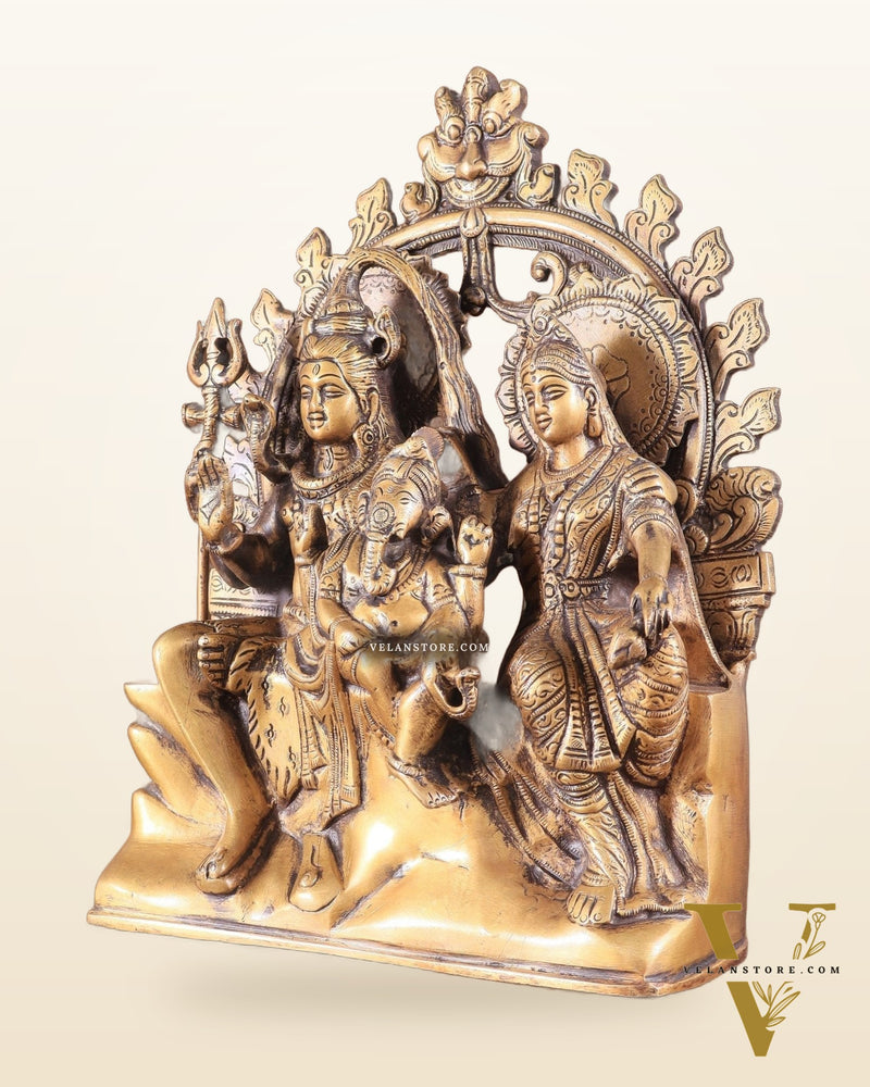 Pure Brass Lord Shiv Parvati with Ganesha Idol and Prabhavali 10.7 inch