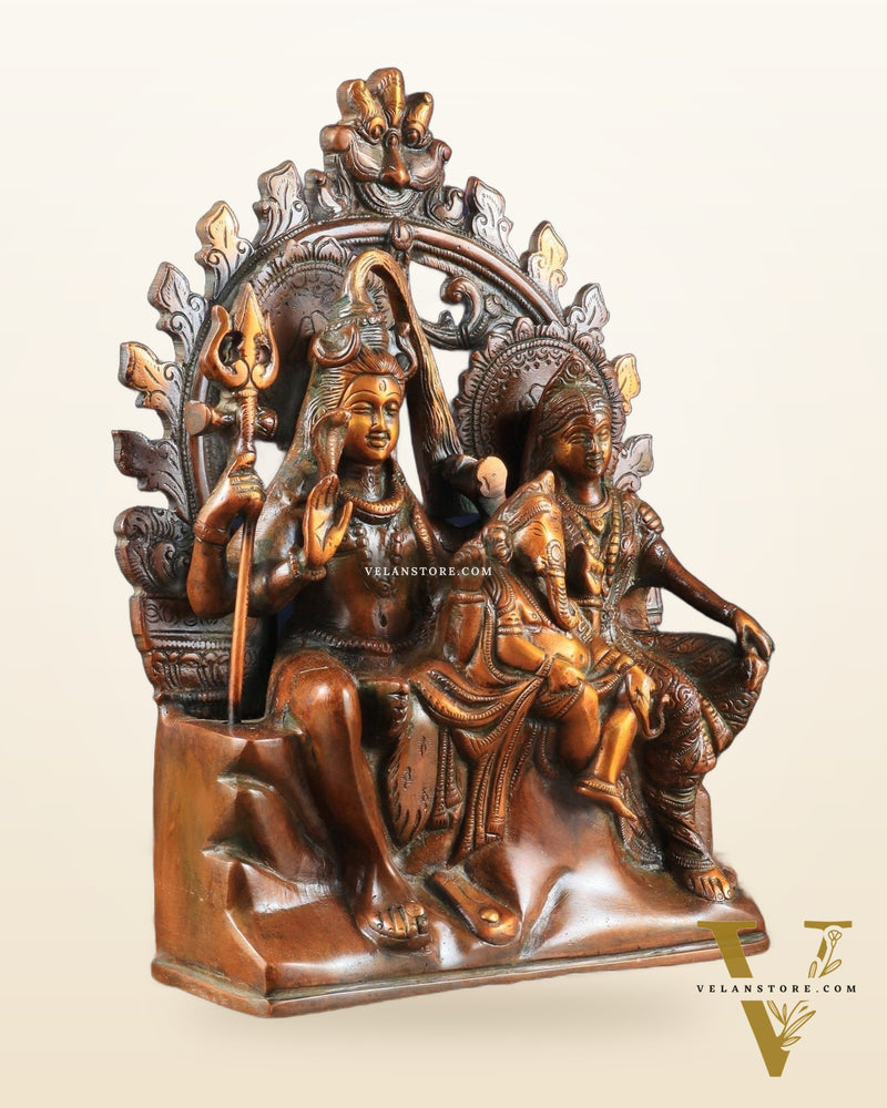 Pure Brass Lord Shiv Parvati with Ganesha Idol and Prabhavali 10.7 inch brown gold