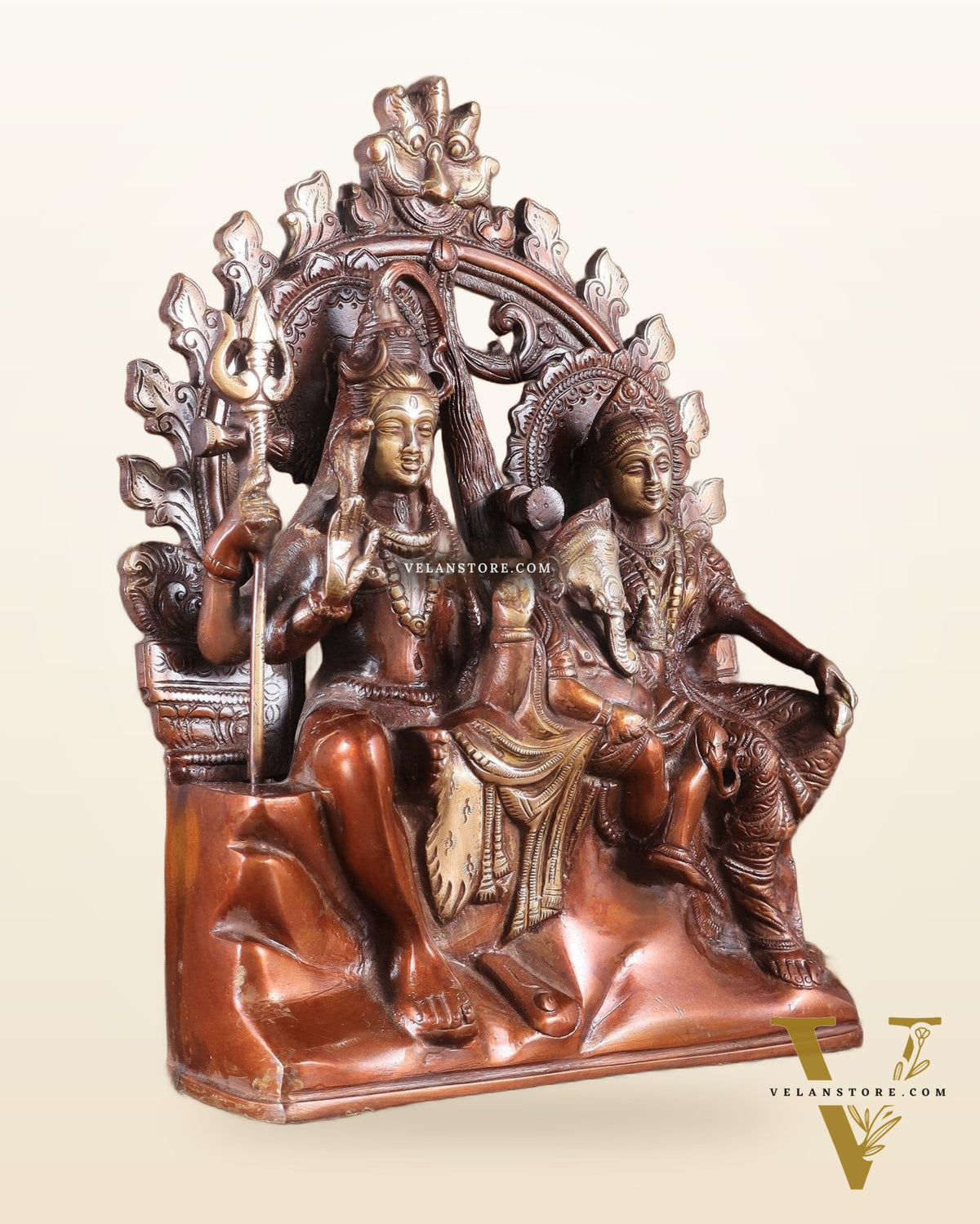 Pure Brass Lord Shiv Parvati with Ganesha Idol and Prabhavali 10.7 inch double chola