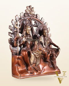 Pure Brass Lord Shiv Parvati with Ganesha Idol and Prabhavali 10.7 inch double chola
