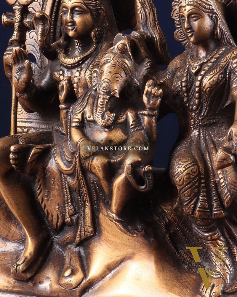 Pure Brass Lord Shiv Parvati with Ganesha Idol and Prabhavali 10.7 inch antique tone